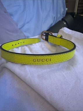 Gucci Neon Yellow Leather Small Pet Belt with Gold Buckle